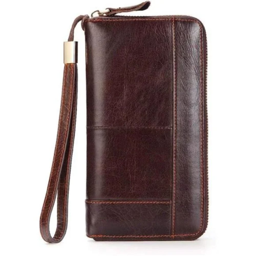 Mens Long Wallet Leather Coffee Zipper Wallet